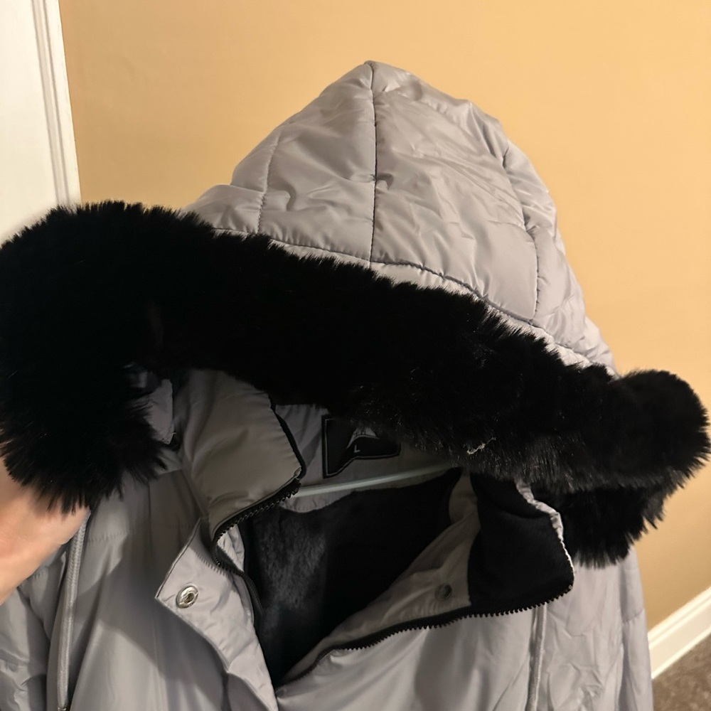 Light Grey Puffer Coat with Black Faux Fur Trim Hood